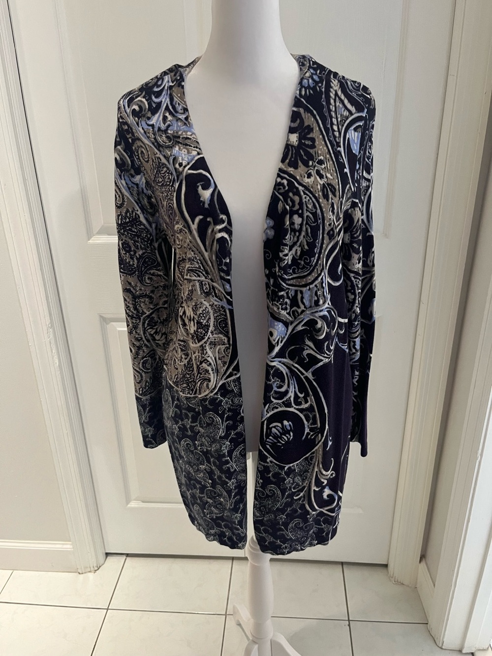 Chico's Purple Black & Cream Paisley Open-Front Cardigan